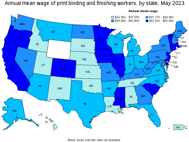 Map of annual mean wages of print binding and finishing workers by state, May 2023