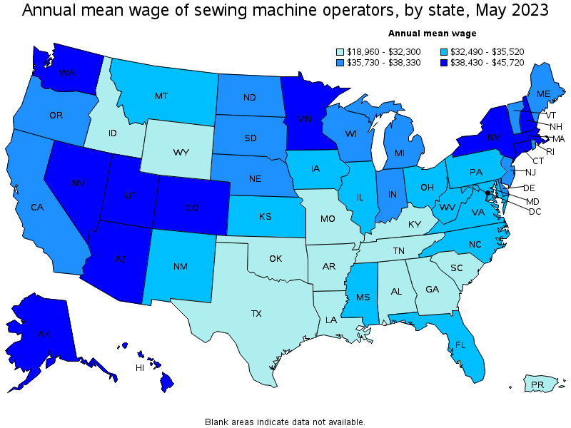 Map of annual mean wages of sewing machine operators by state, May 2023