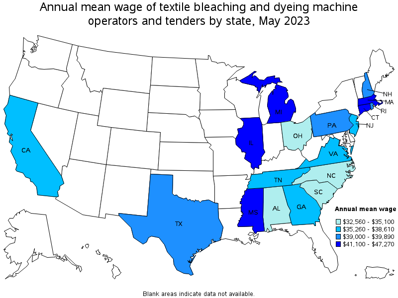 Map of annual mean wages of textile bleaching and dyeing machine operators and tenders by state, May 2023