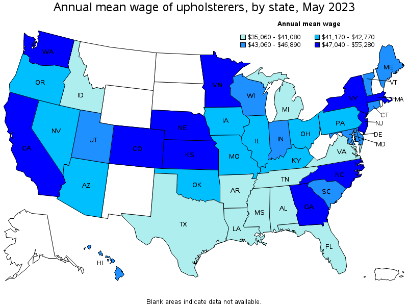 Map of annual mean wages of upholsterers by state, May 2023