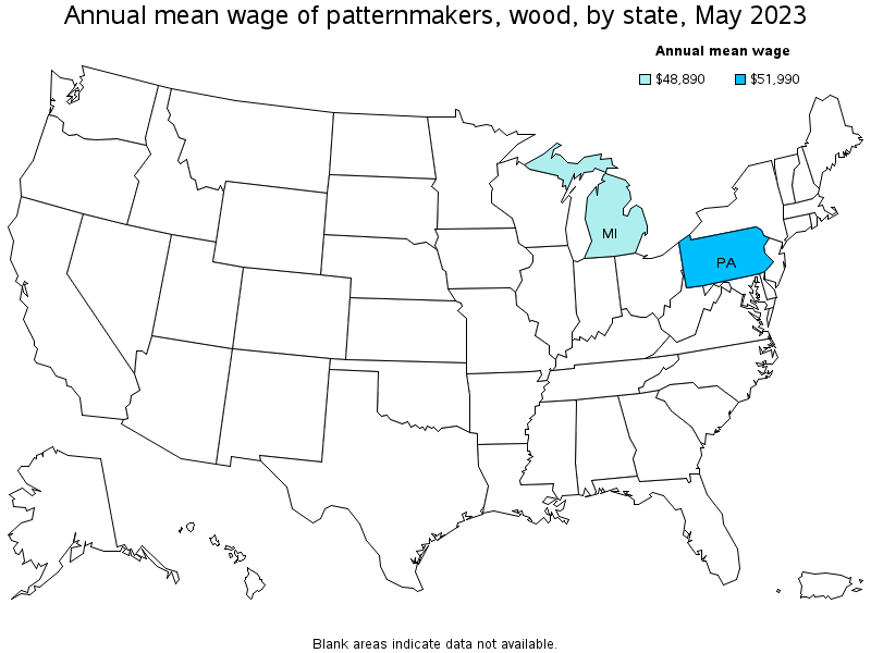 Map of annual mean wages of patternmakers, wood by state, May 2023