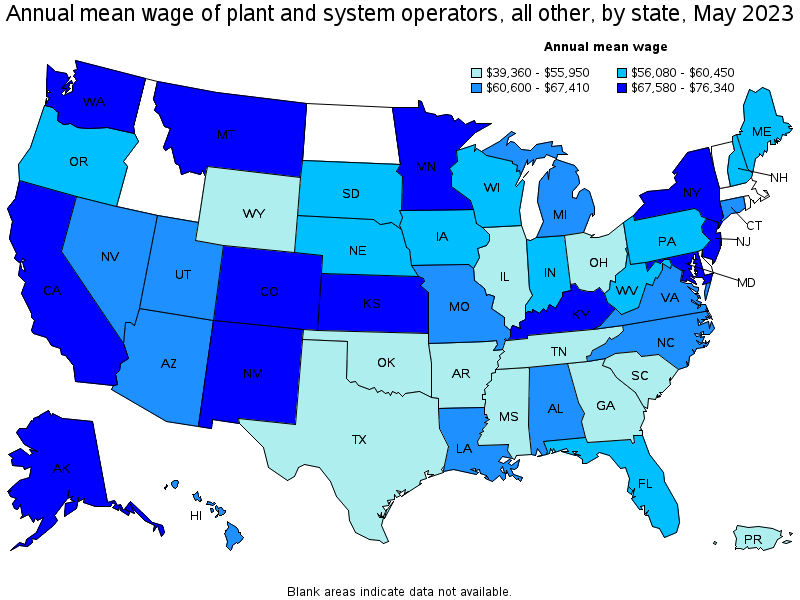 Map of annual mean wages of plant and system operators, all other by state, May 2023