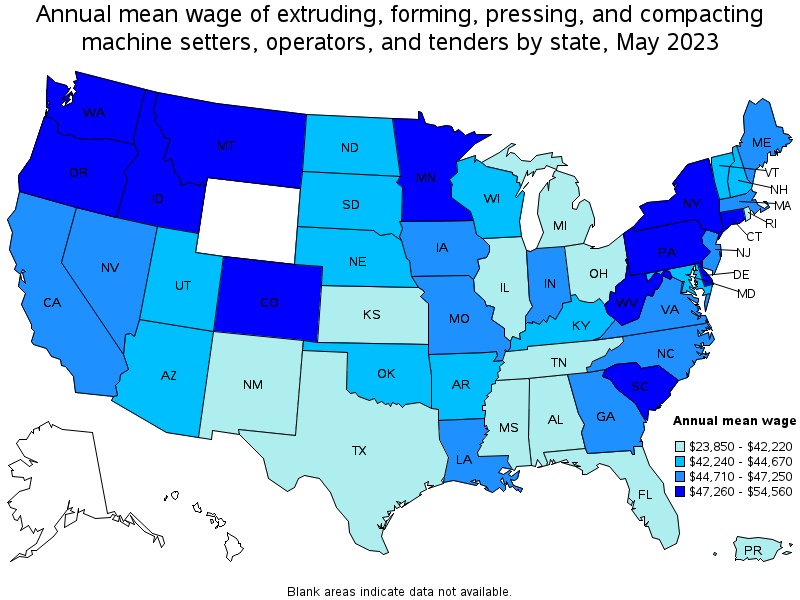 Map of annual mean wages of extruding, forming, pressing, and compacting machine setters, operators, and tenders by state, May 2023