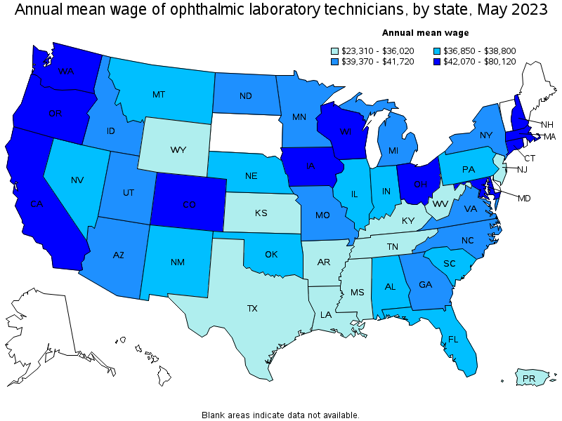 Map of annual mean wages of ophthalmic laboratory technicians by state, May 2023