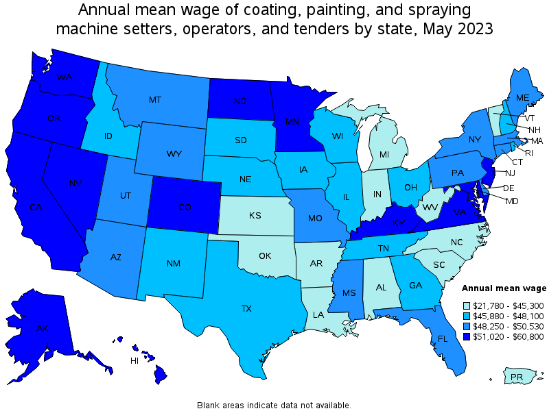 Map of annual mean wages of coating, painting, and spraying machine setters, operators, and tenders by state, May 2023