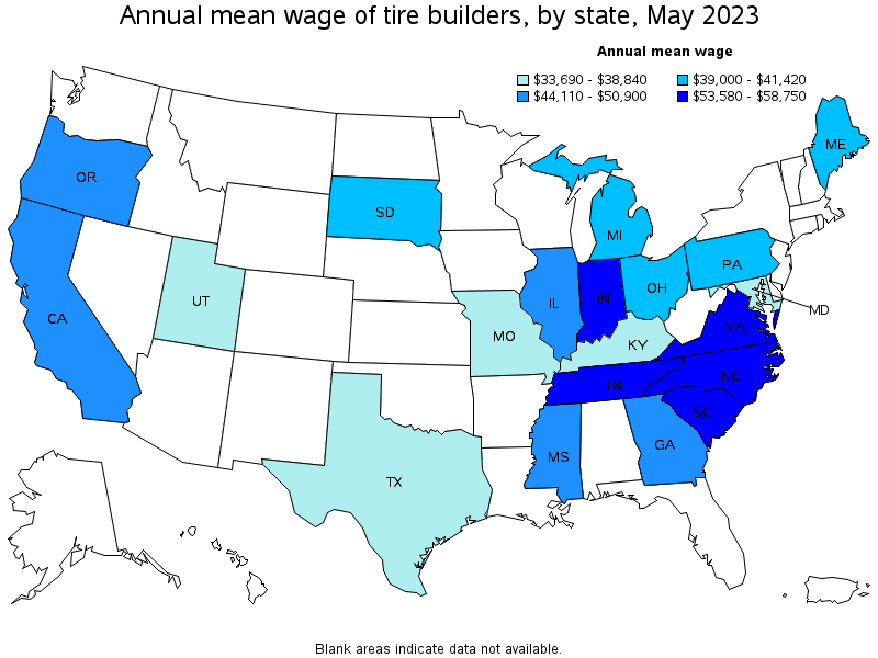 Map of annual mean wages of tire builders by state, May 2023