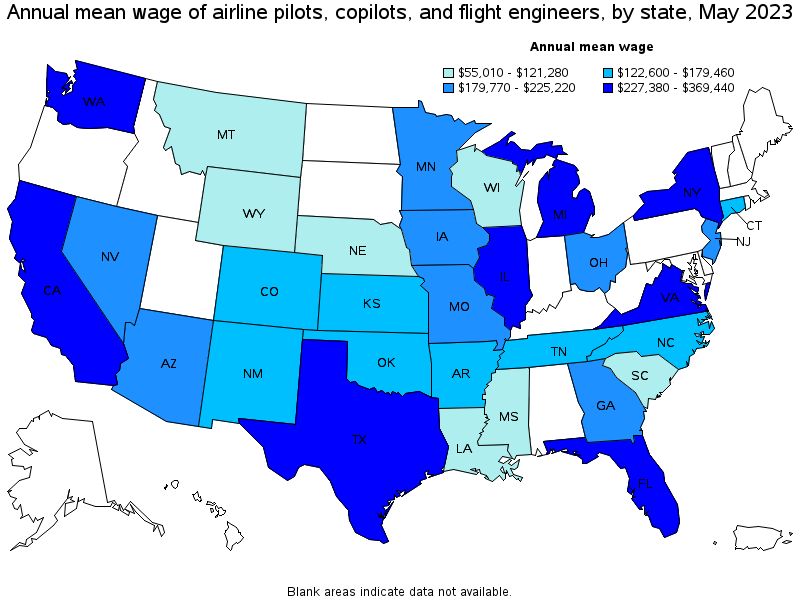 Map of annual mean wages of airline pilots, copilots, and flight engineers by state, May 2023
