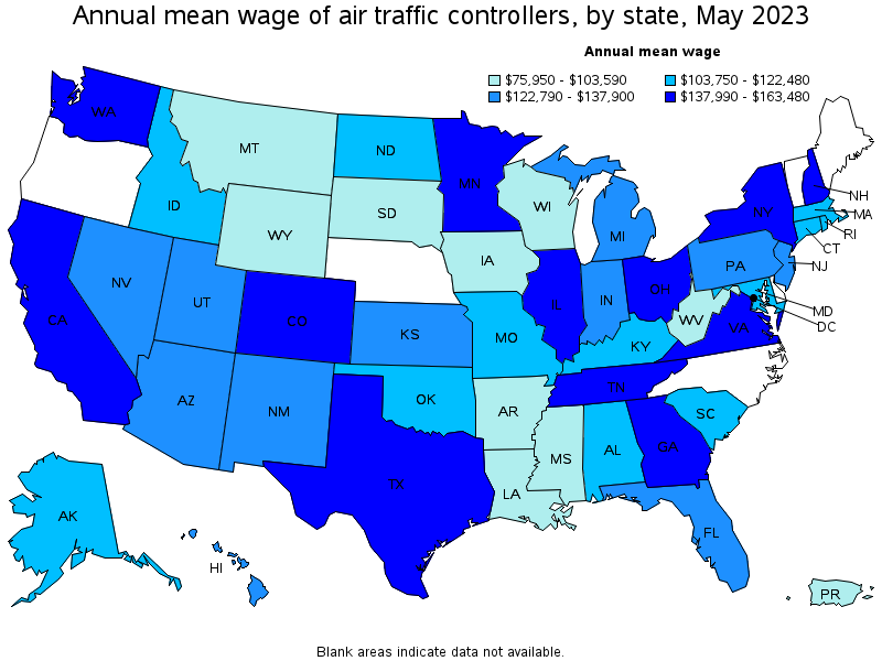 Map of annual mean wages of air traffic controllers by state, May 2023