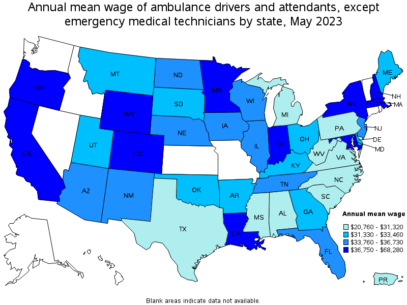 Map of annual mean wages of ambulance drivers and attendants, except emergency medical technicians by state, May 2023