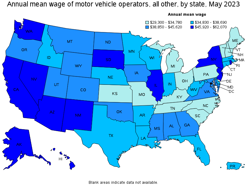 Map of annual mean wages of motor vehicle operators, all other by state, May 2023