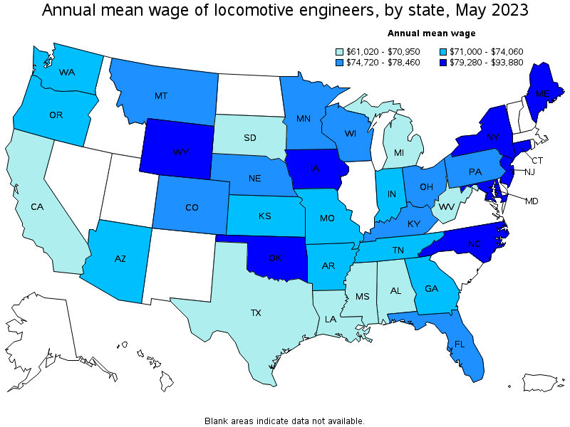 Map of annual mean wages of locomotive engineers by state, May 2023