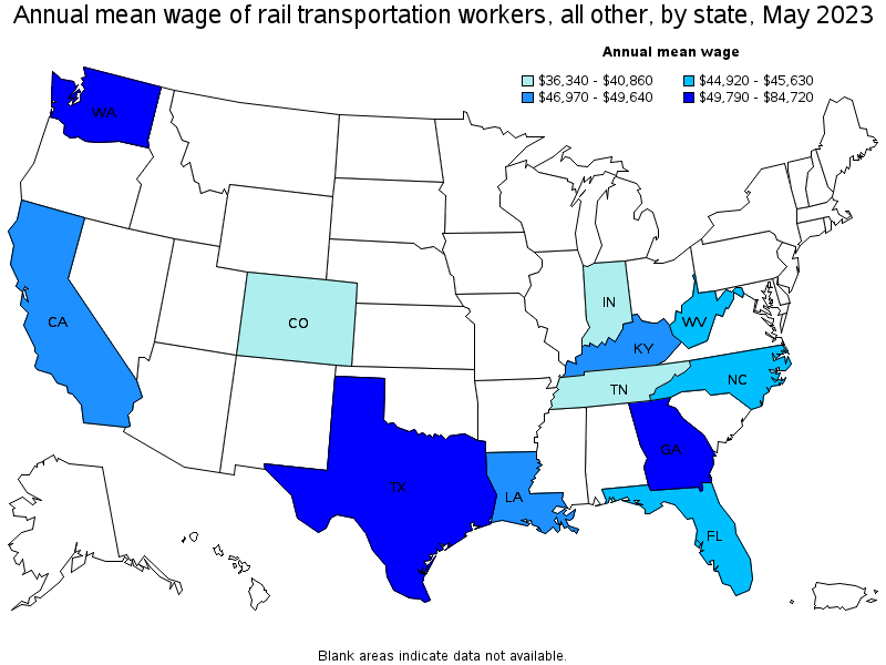 Map of annual mean wages of rail transportation workers, all other by state, May 2023