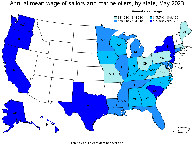 Map of annual mean wages of sailors and marine oilers by state, May 2023