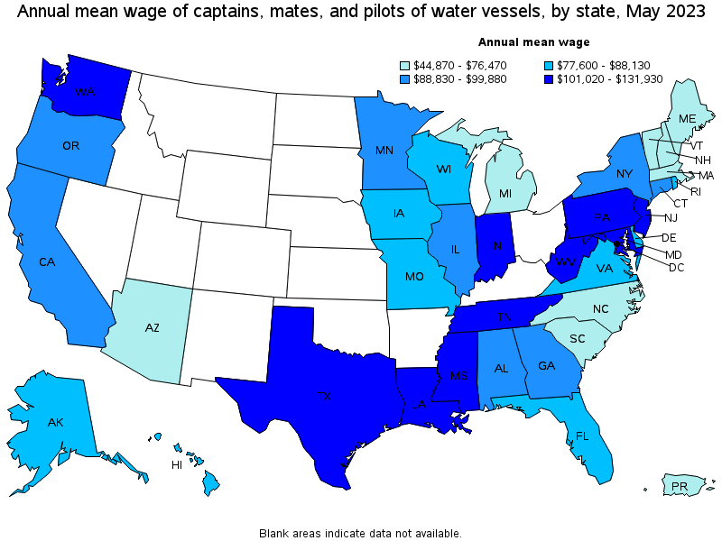 Map of annual mean wages of captains, mates, and pilots of water vessels by state, May 2023