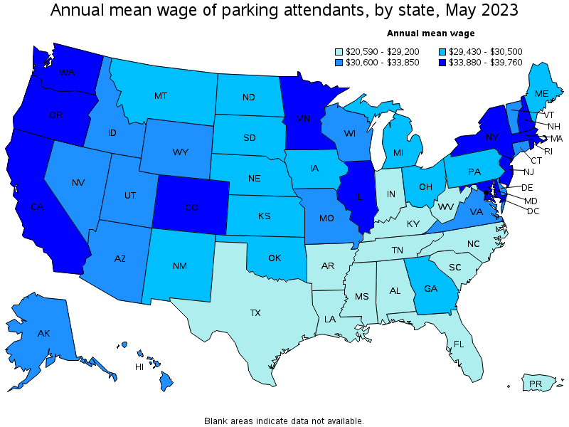 Map of annual mean wages of parking attendants by state, May 2023