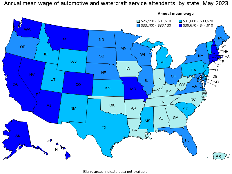 Map of annual mean wages of automotive and watercraft service attendants by state, May 2023