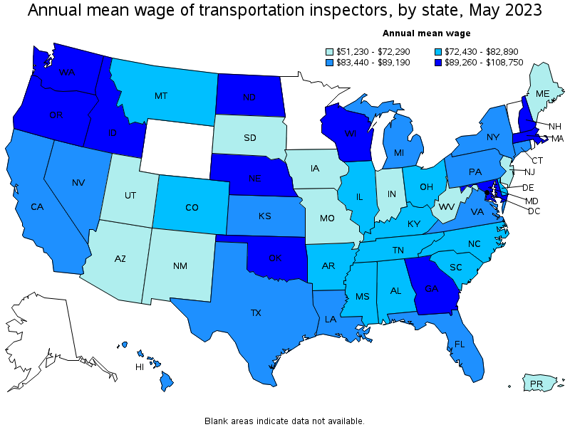 Map of annual mean wages of transportation inspectors by state, May 2023