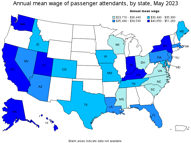 Map of annual mean wages of passenger attendants by state, May 2023