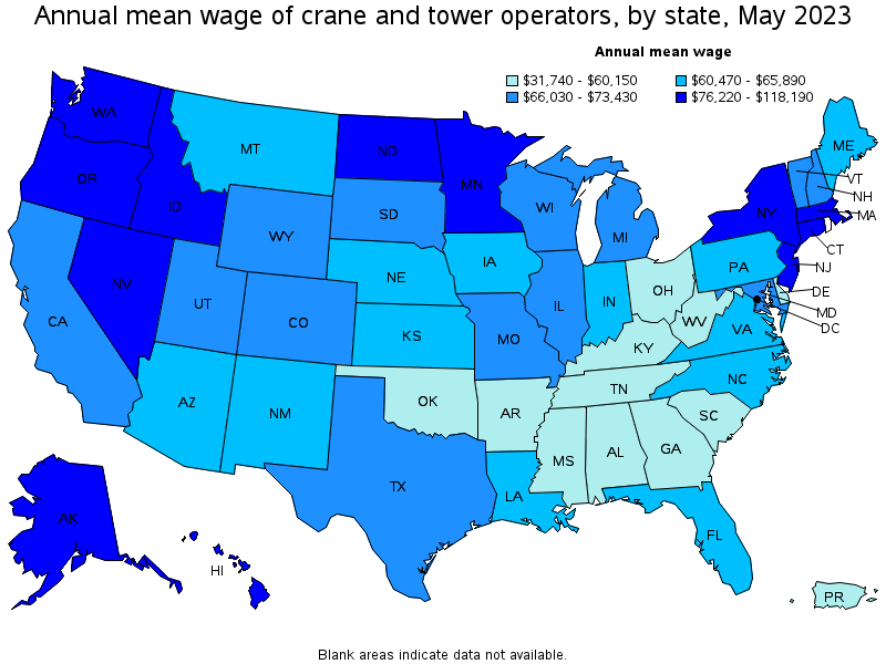Map of annual mean wages of crane and tower operators by state, May 2023