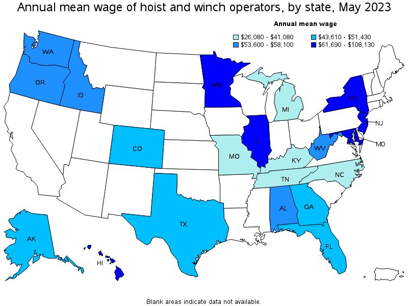Map of annual mean wages of hoist and winch operators by state, May 2023