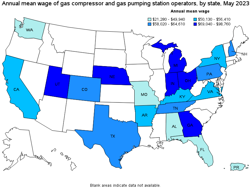 Map of annual mean wages of gas compressor and gas pumping station operators by state, May 2023