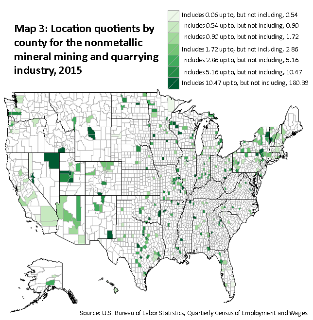 A map of the United States showing the location quotients by county for the nonmetallic mineral mining and quarrying industry, 2015. Source: U.S. Bureau of Labor Statistics, Quarterly Census of Employment and Wages.