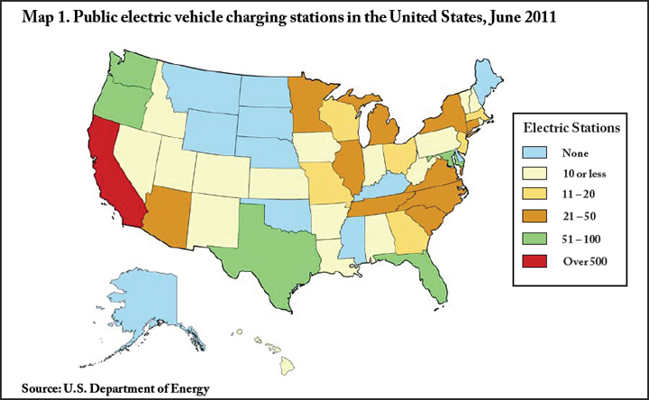 Map 1. Public electric vehicle charging stations in the United States, June 2011
