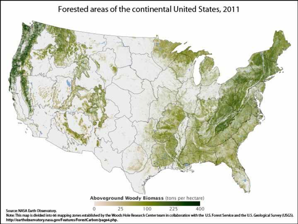 Forested areas of the continental United States, 2011