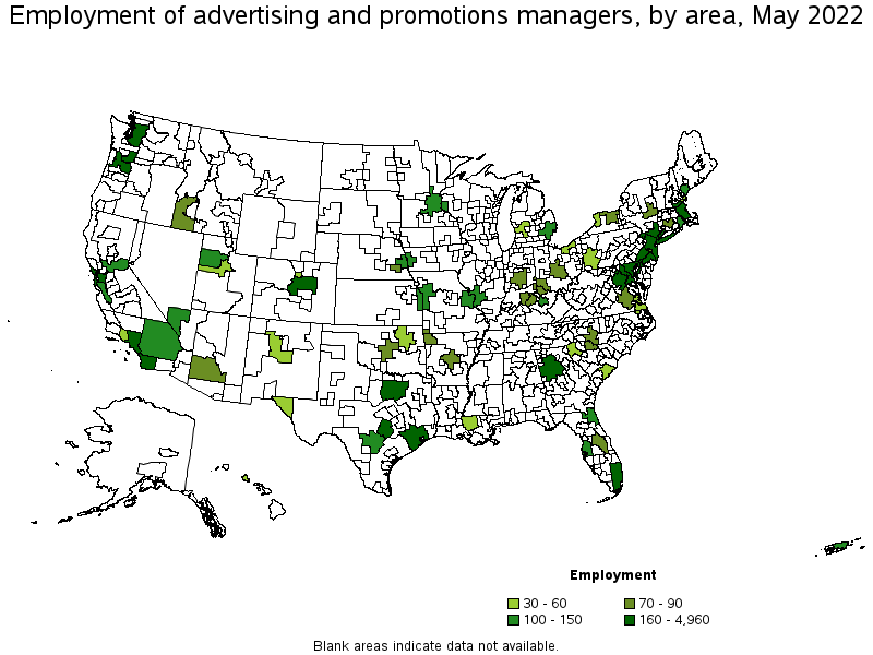Map of employment of advertising and promotions managers by area, May 2022