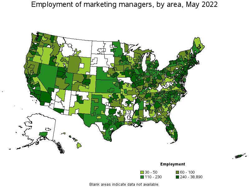 Map of employment of marketing managers by area, May 2022