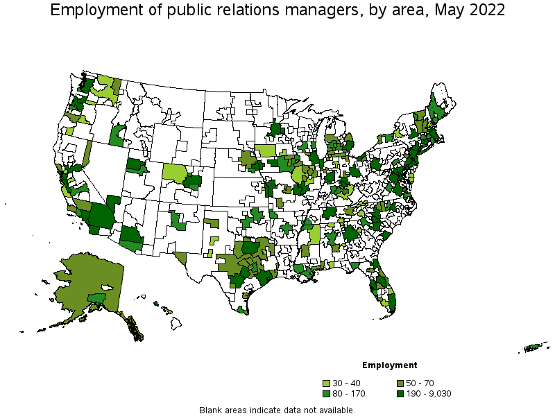 Map of employment of public relations managers by area, May 2022