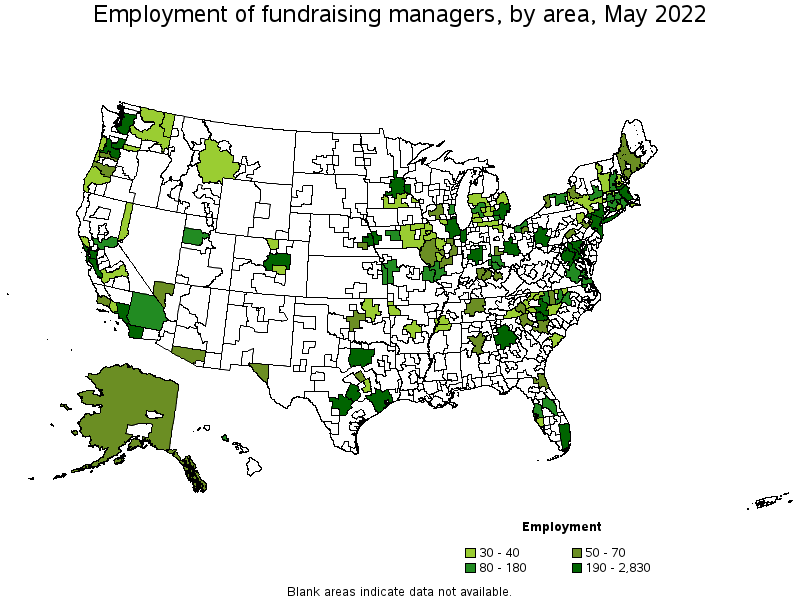 Map of employment of fundraising managers by area, May 2022