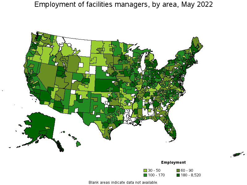 Map of employment of facilities managers by area, May 2022