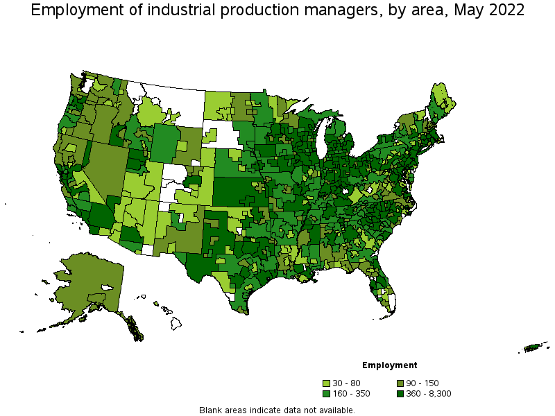 Map of employment of industrial production managers by area, May 2022