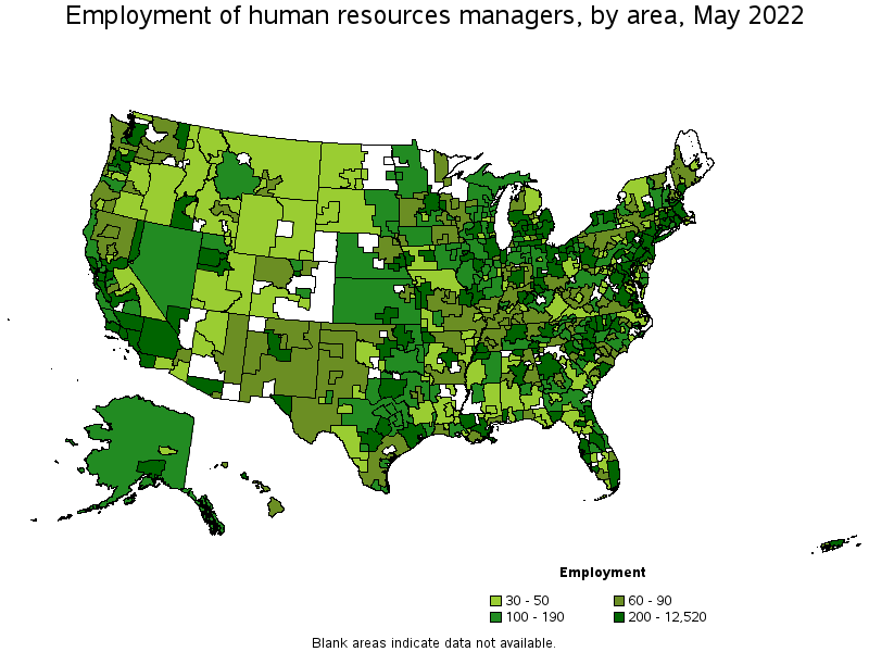 Map of employment of human resources managers by area, May 2022