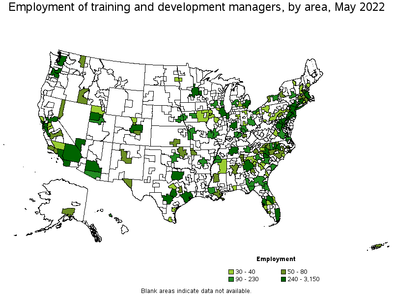Map of employment of training and development managers by area, May 2022