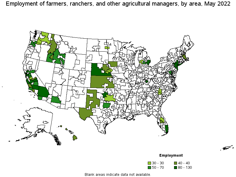 Map of employment of farmers, ranchers, and other agricultural managers by area, May 2022
