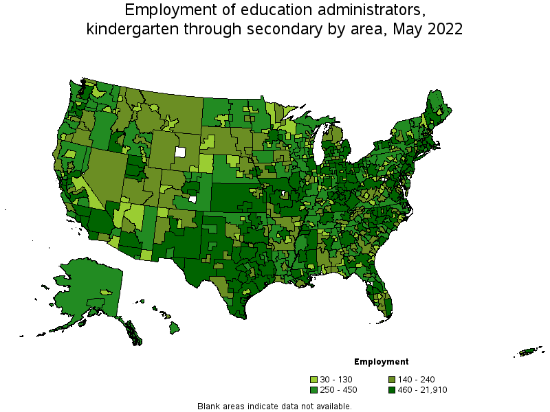 Map of employment of education administrators, kindergarten through secondary by area, May 2022