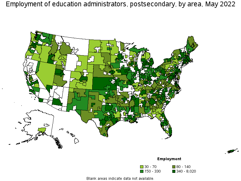 Map of employment of education administrators, postsecondary by area, May 2022