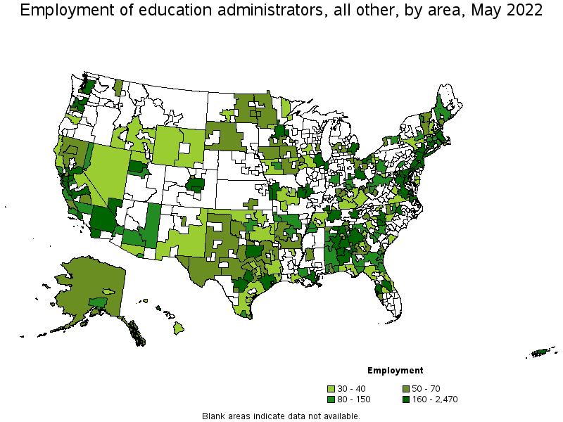 Map of employment of education administrators, all other by area, May 2022