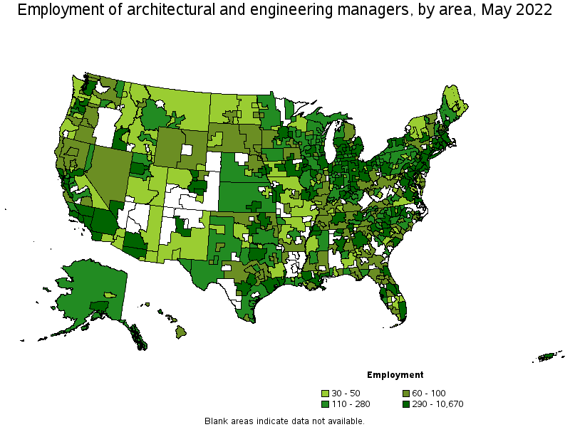 Map of employment of architectural and engineering managers by area, May 2022