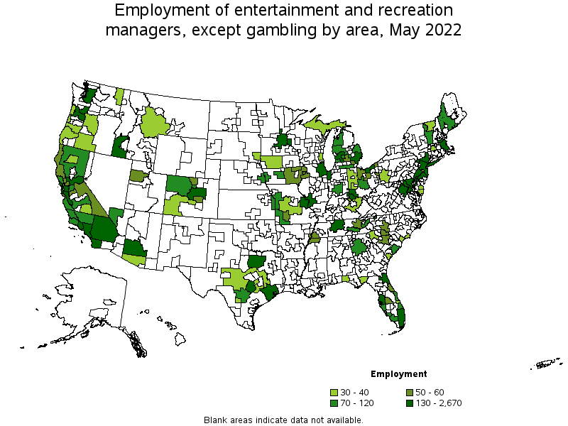Map of employment of entertainment and recreation managers, except gambling by area, May 2022