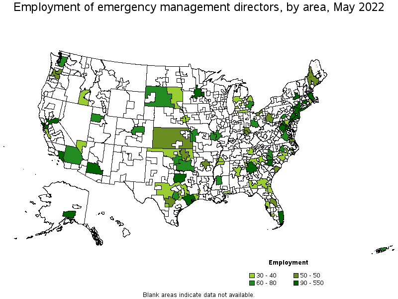 Map of employment of emergency management directors by area, May 2022