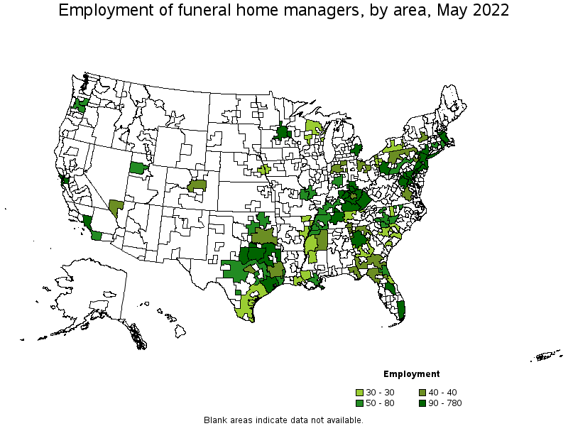 Map of employment of funeral home managers by area, May 2022