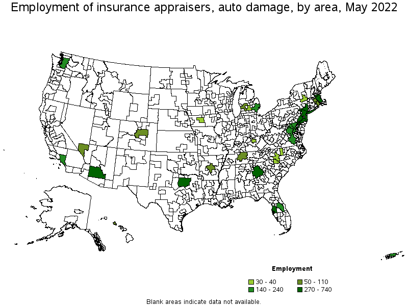 Map of employment of insurance appraisers, auto damage by area, May 2022