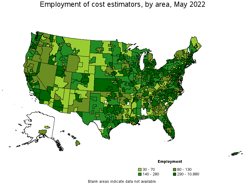 Map of employment of cost estimators by area, May 2022