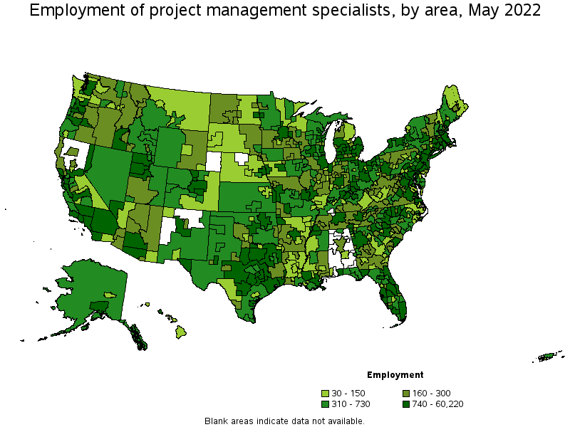 Map of employment of project management specialists by area, May 2022