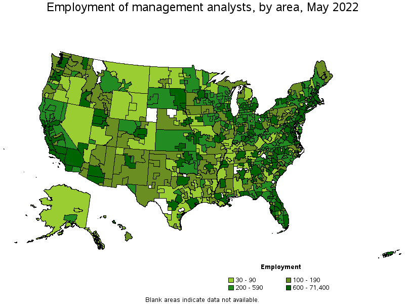 Map of employment of management analysts by area, May 2022
