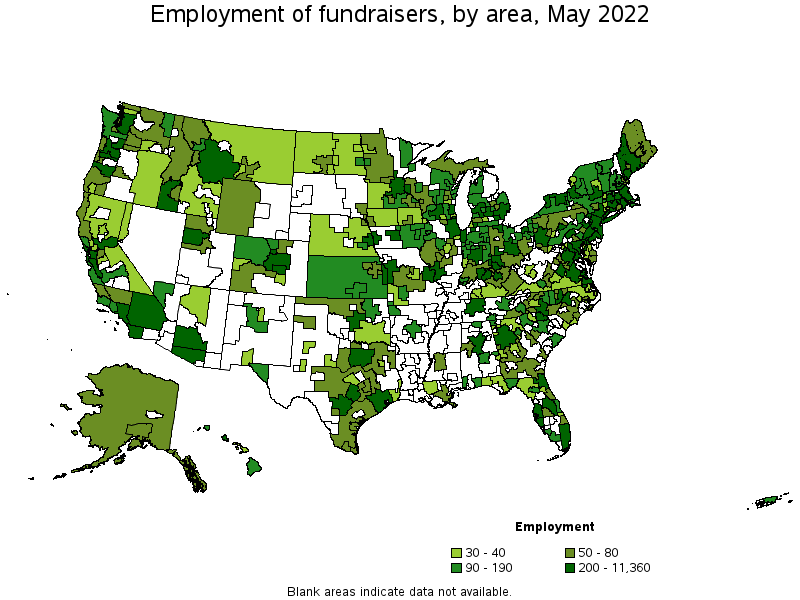 Map of employment of fundraisers by area, May 2022