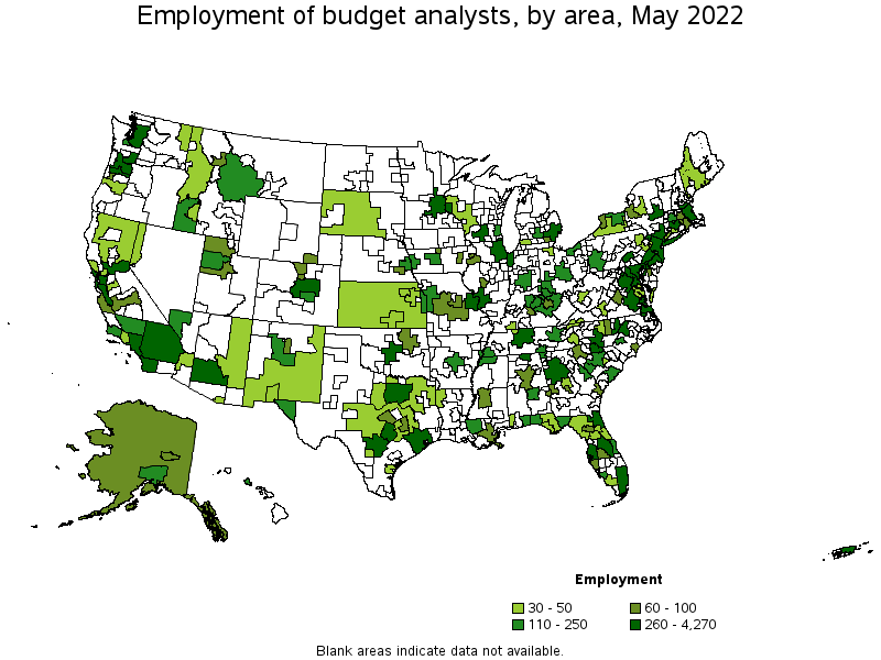 Map of employment of budget analysts by area, May 2022